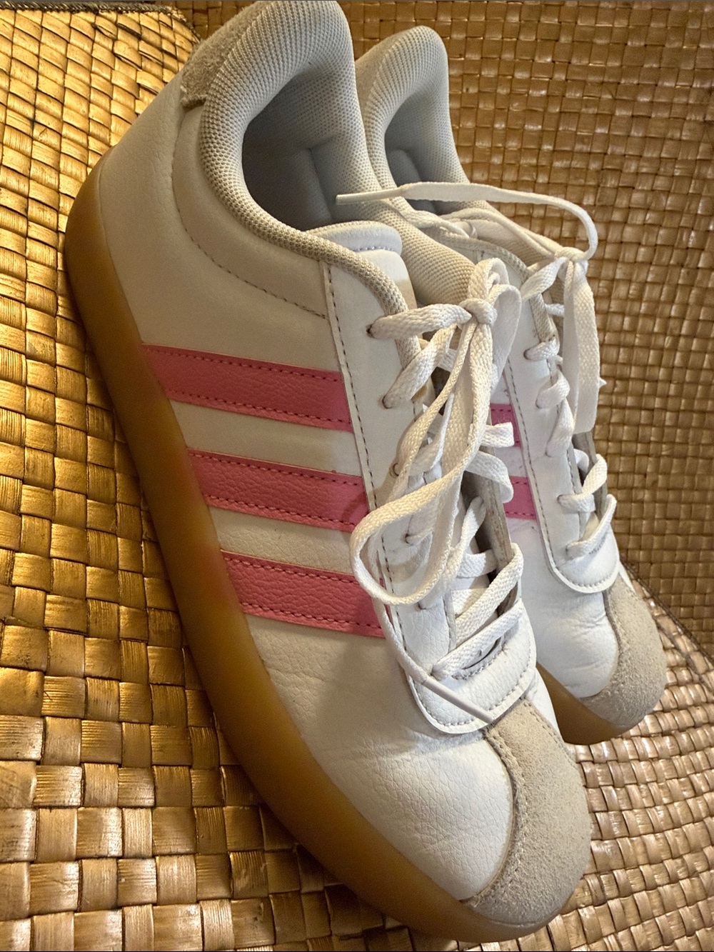 adidas White Sneakers with Pink Stripes and Gum Sole